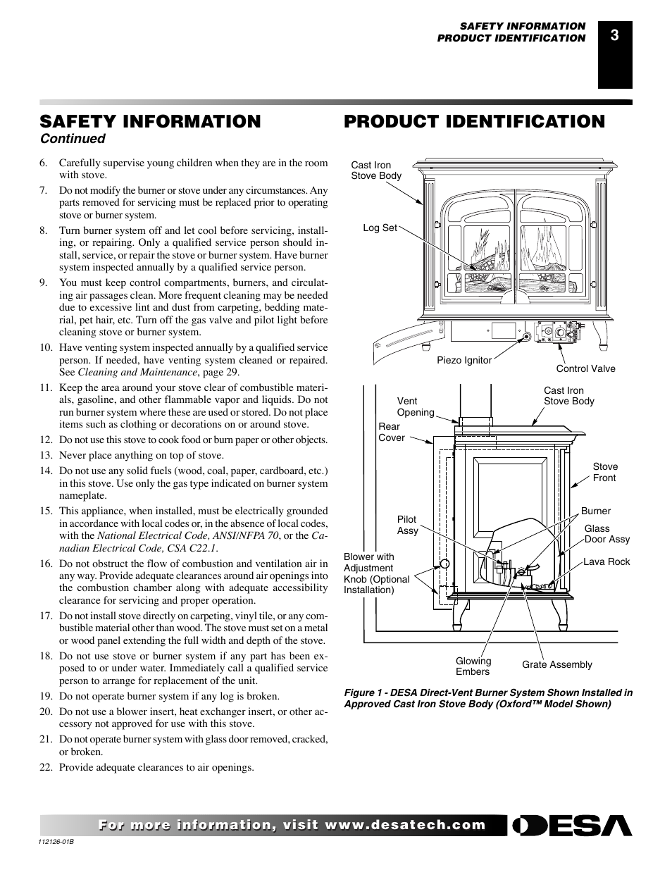Product identification, Safety information, Continued | Desa SDVBPD User Manual | Page 3 / 42