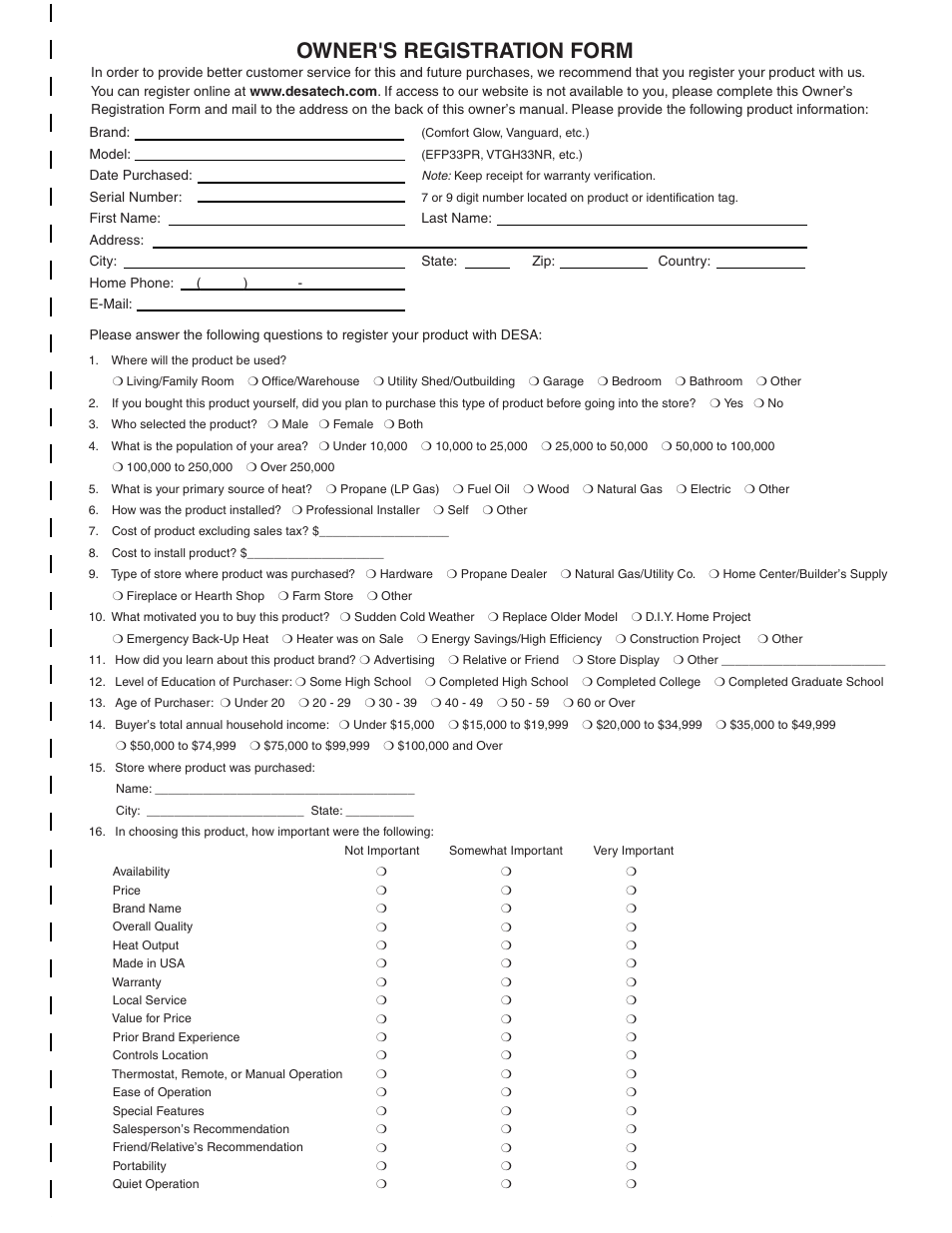 Owner's registration form | Desa SDVBPD User Manual | Page 39 / 42