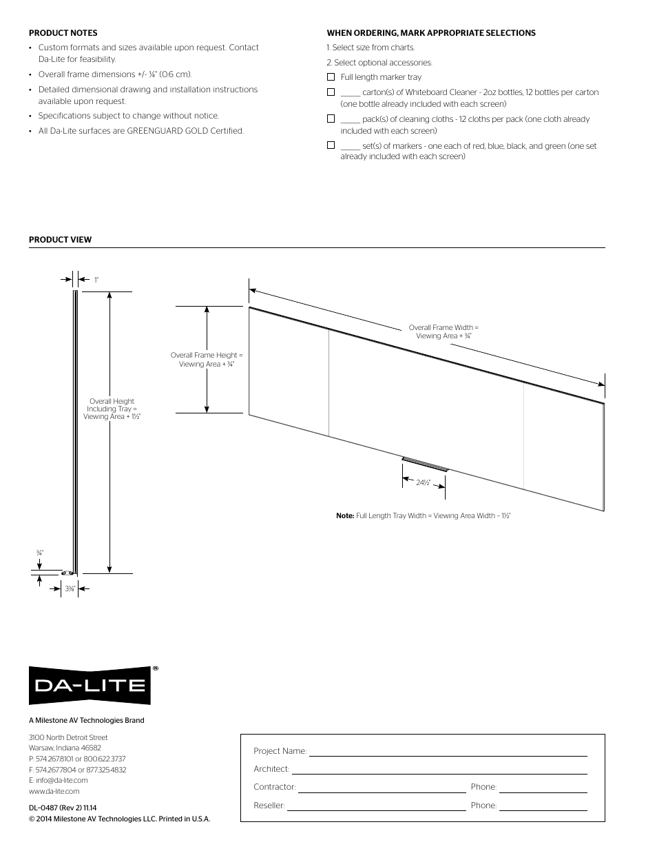 Da-Lite IDEA Panoramic 16:9 HDTV Format Screen with Full Length Marker Tray (539.5 x 192") User Manual | Page 2 / 2