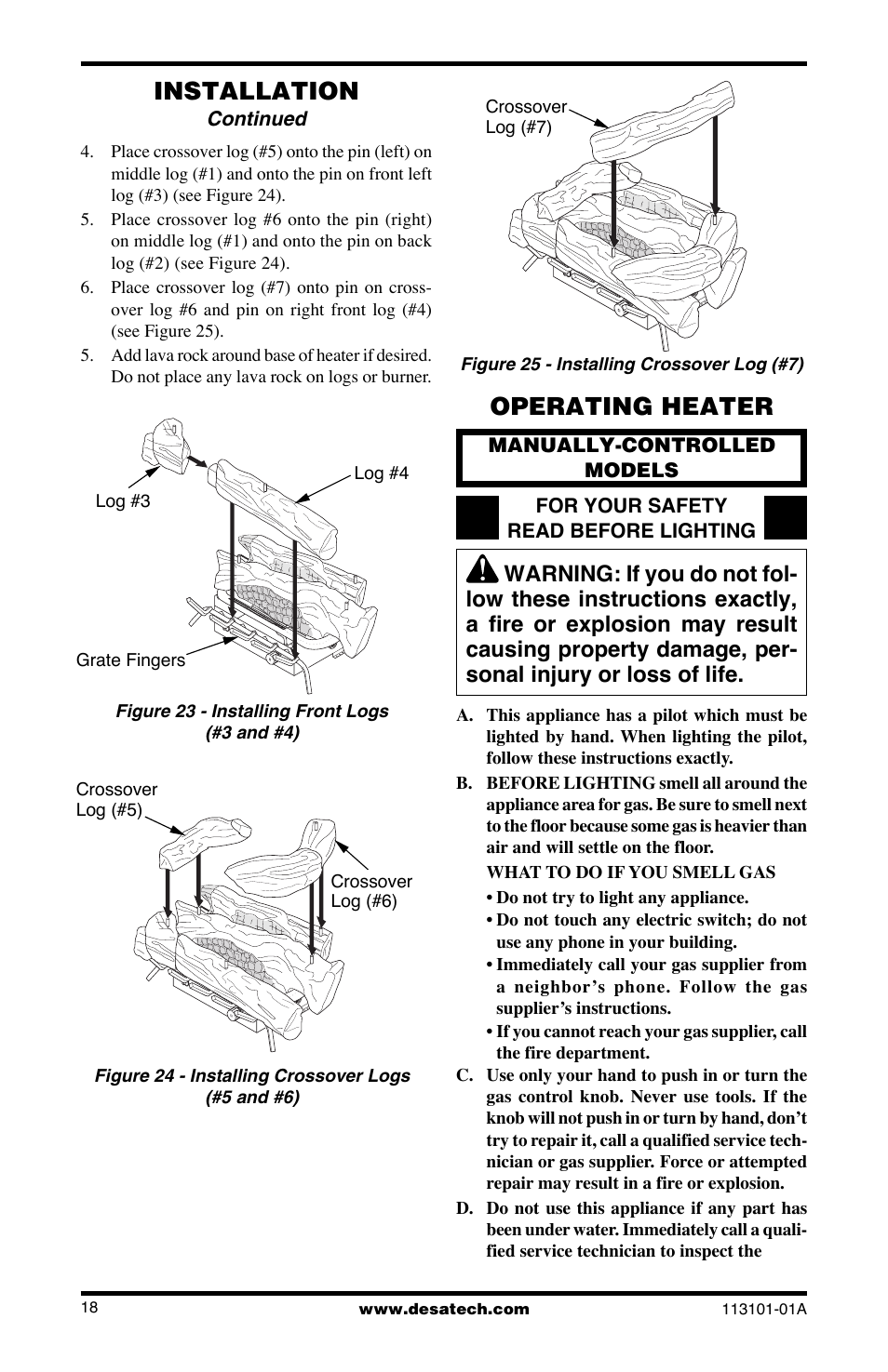 Operating heater, Installation | Desa CLD3018PTA User Manual | Page 18 / 36