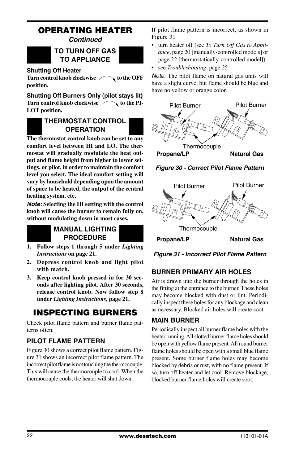 Inspecting burners, Operating heater | Desa CLD3018PTA User Manual | Page 22 / 36