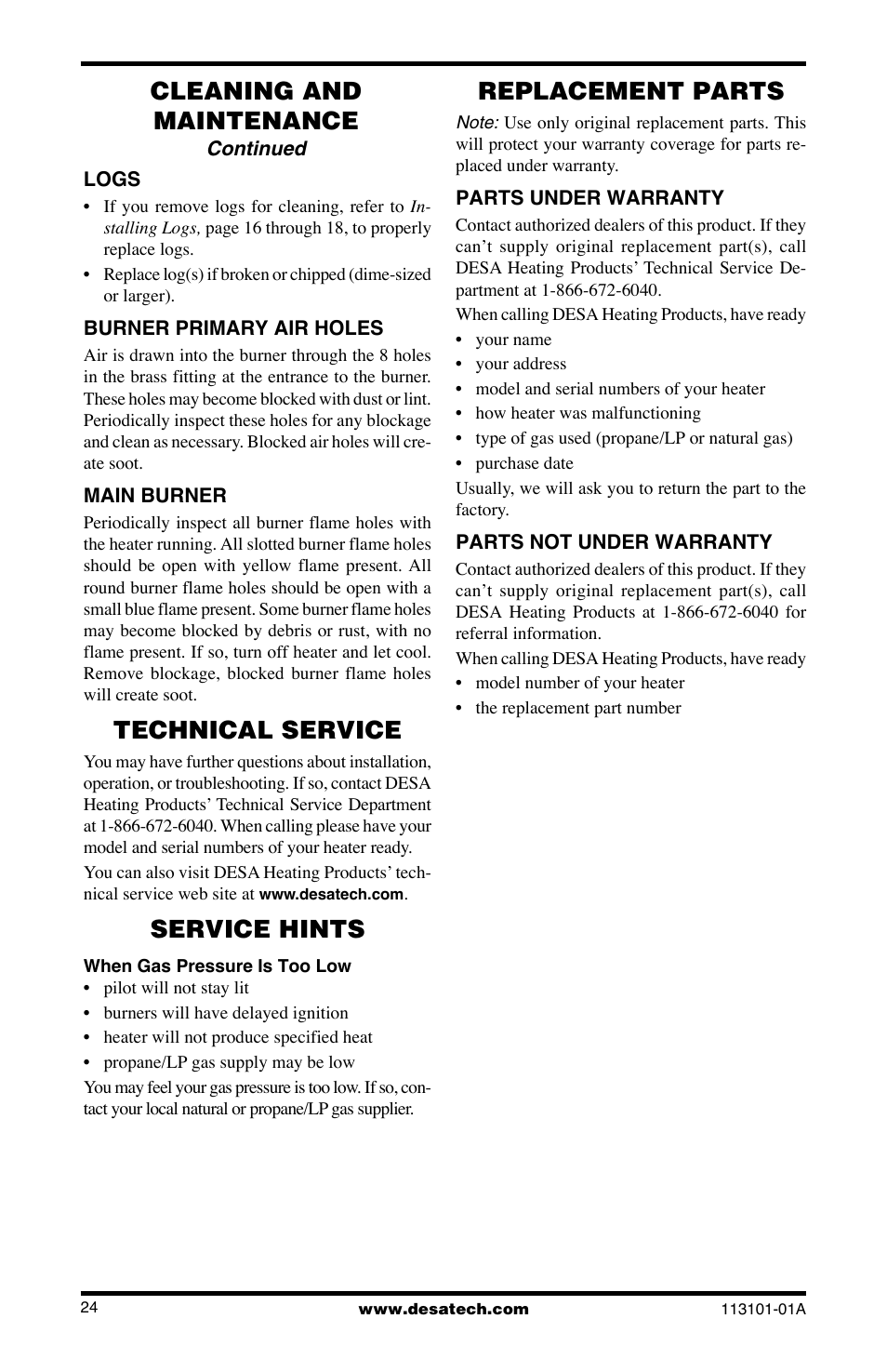 Technical service, Service hints, Replacement parts | Cleaning and maintenance | Desa CLD3018PTA User Manual | Page 24 / 36