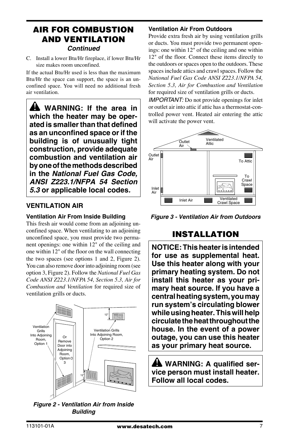 Installation, Air for combustion and ventilation, Continued | Ventilation air | Desa CLD3018PTA User Manual | Page 7 / 36