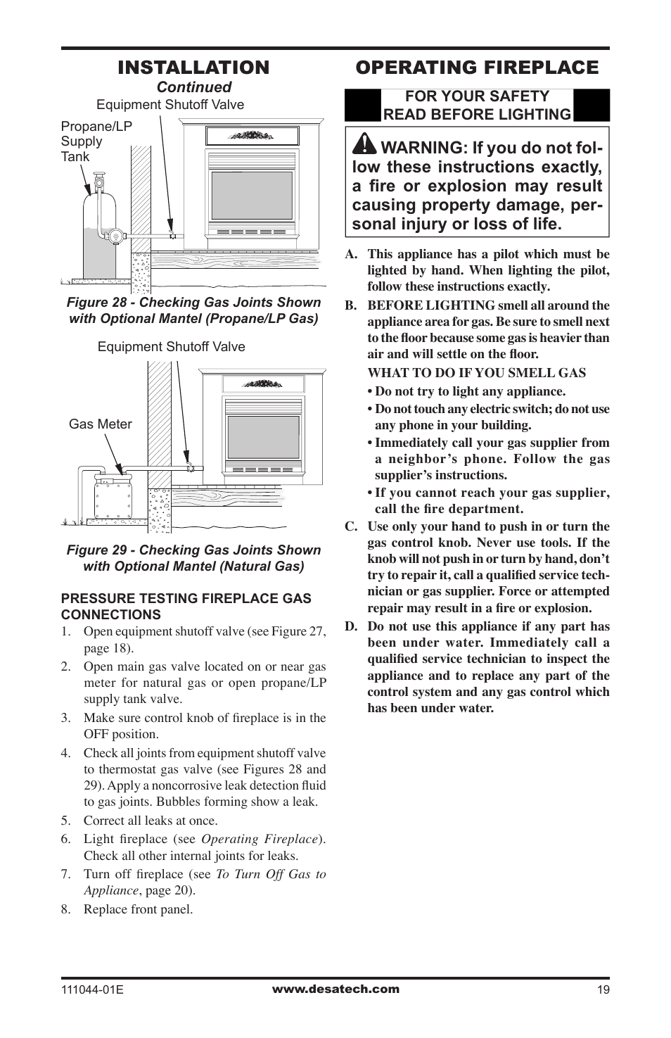 Operating fireplace, Installation | Desa HDCFTP User Manual | Page 19 / 32