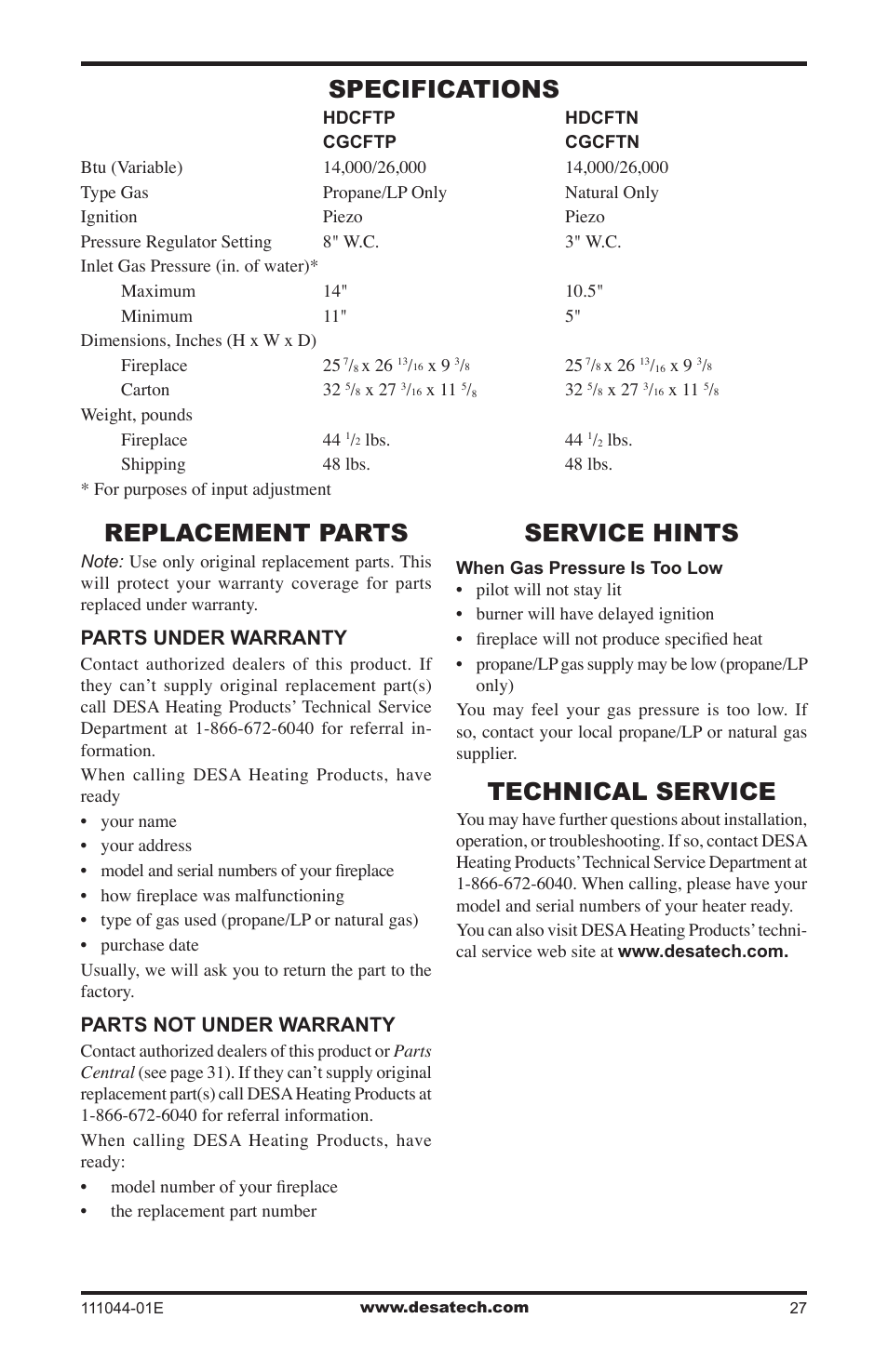 Specifications, Replacement parts, Service hints | Technical service, Parts under warranty, Parts not under warranty | Desa HDCFTP User Manual | Page 27 / 32