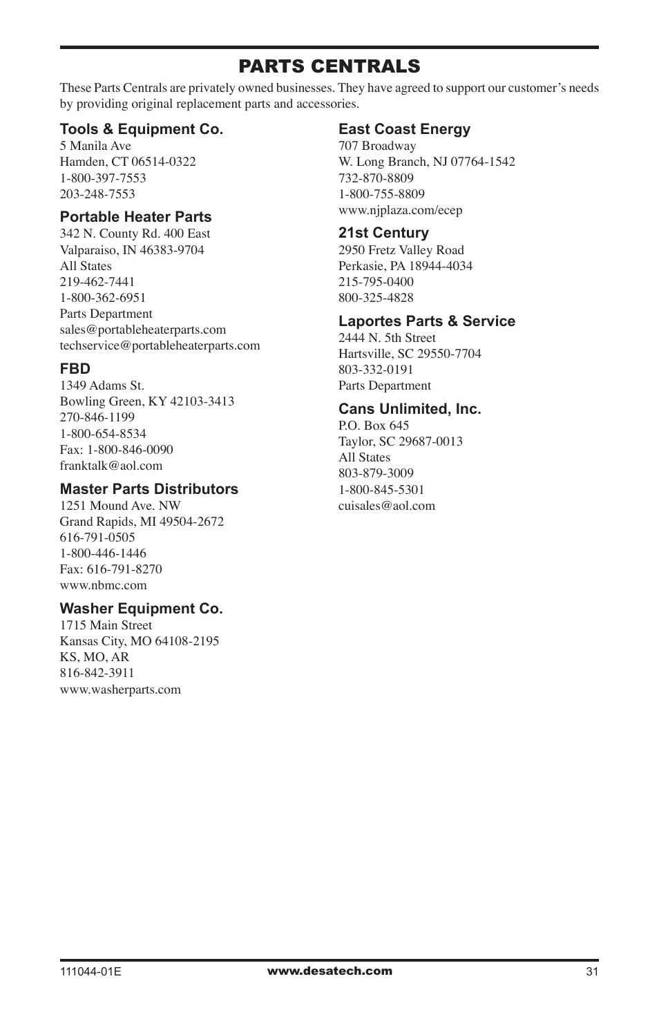 Parts centrals | Desa HDCFTP User Manual | Page 31 / 32