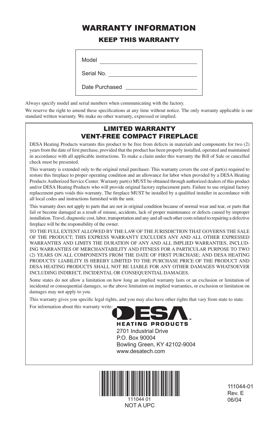 Warranty information, Keep this warranty, Limited warranty vent-free compact fireplace | Desa HDCFTP User Manual | Page 32 / 32