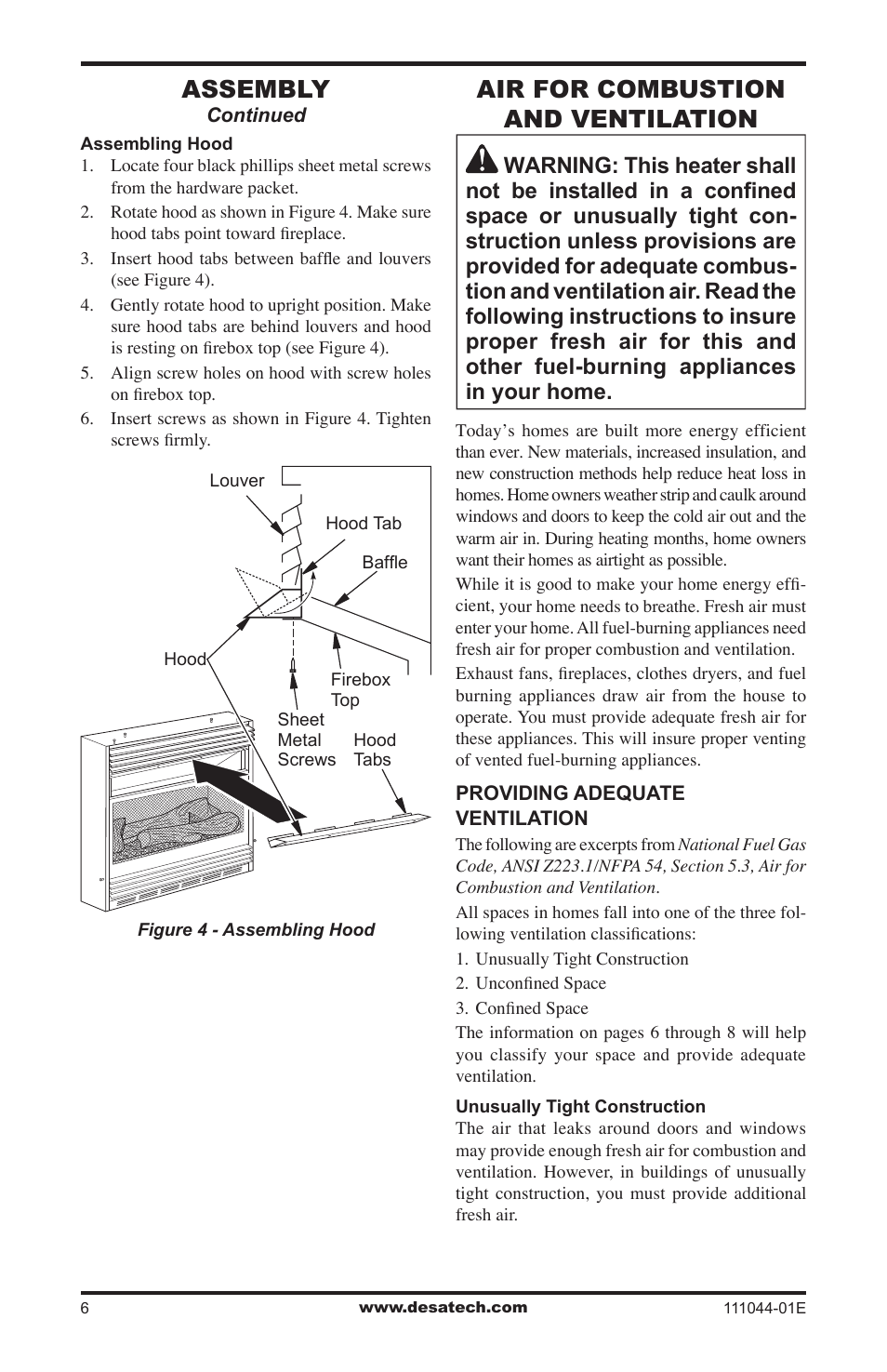 Air for combustion and ventilation, Assembly | Desa HDCFTP User Manual | Page 6 / 32