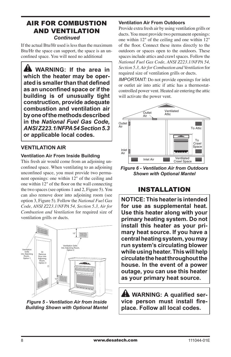 Installation, Air for combustion and ventilation | Desa HDCFTP User Manual | Page 8 / 32