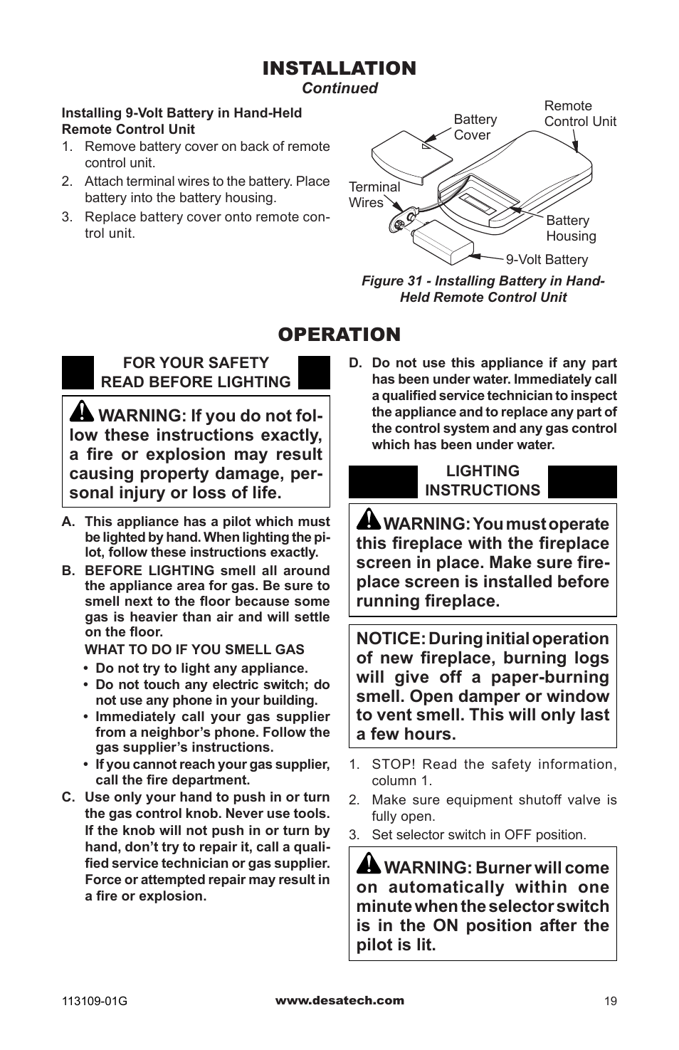 Operation, Installation | Desa GA3700 User Manual | Page 19 / 36