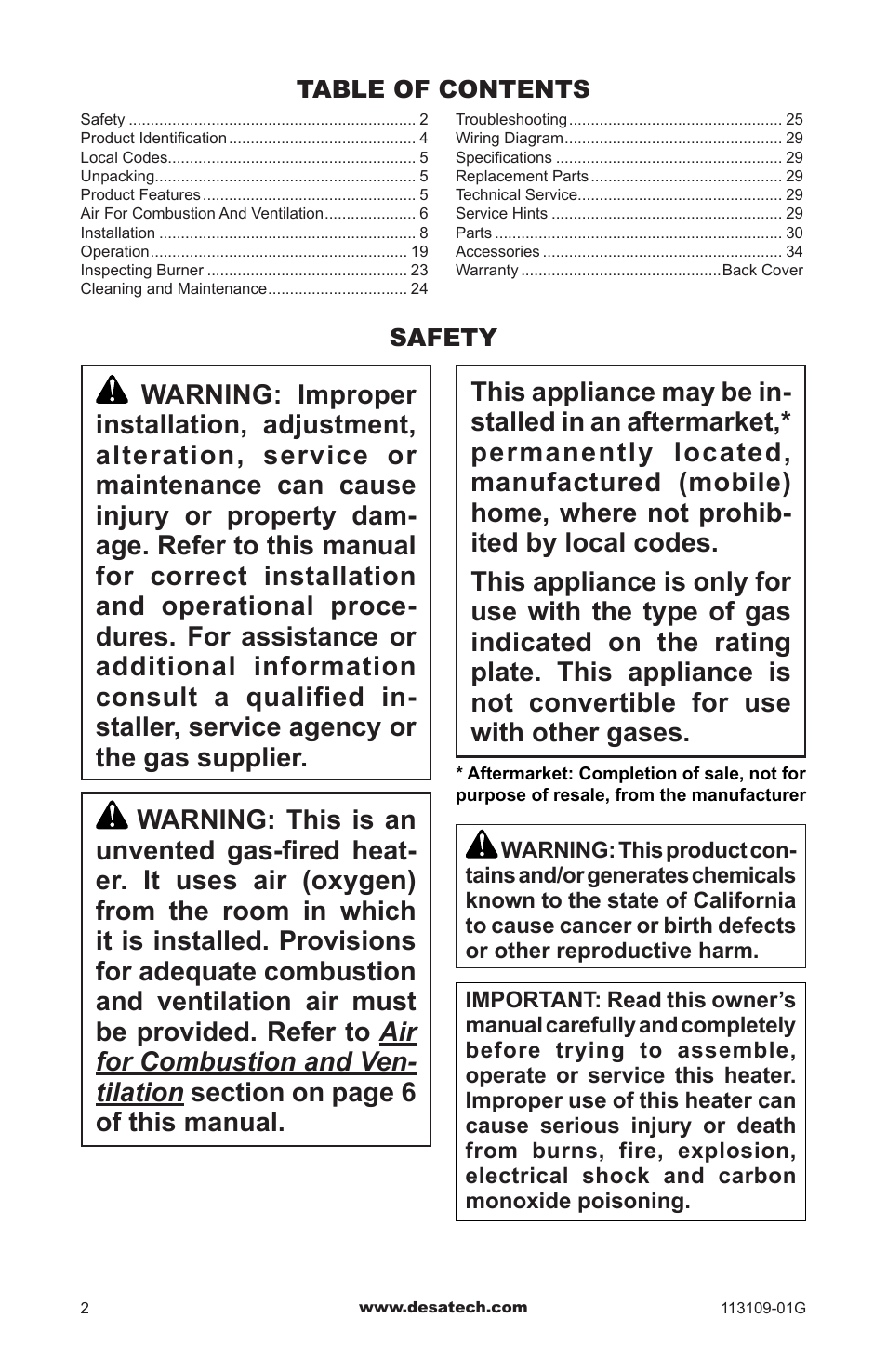 Safety | Desa GA3700 User Manual | Page 2 / 36