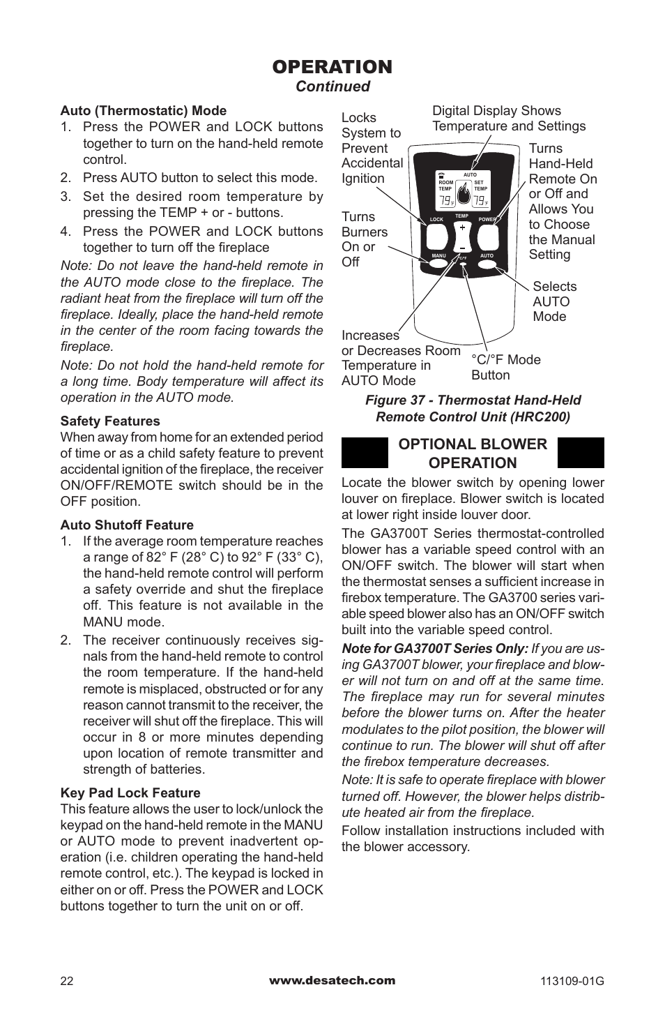 Operation, Continued, Optional blower operation | Desa GA3700 User Manual | Page 22 / 36