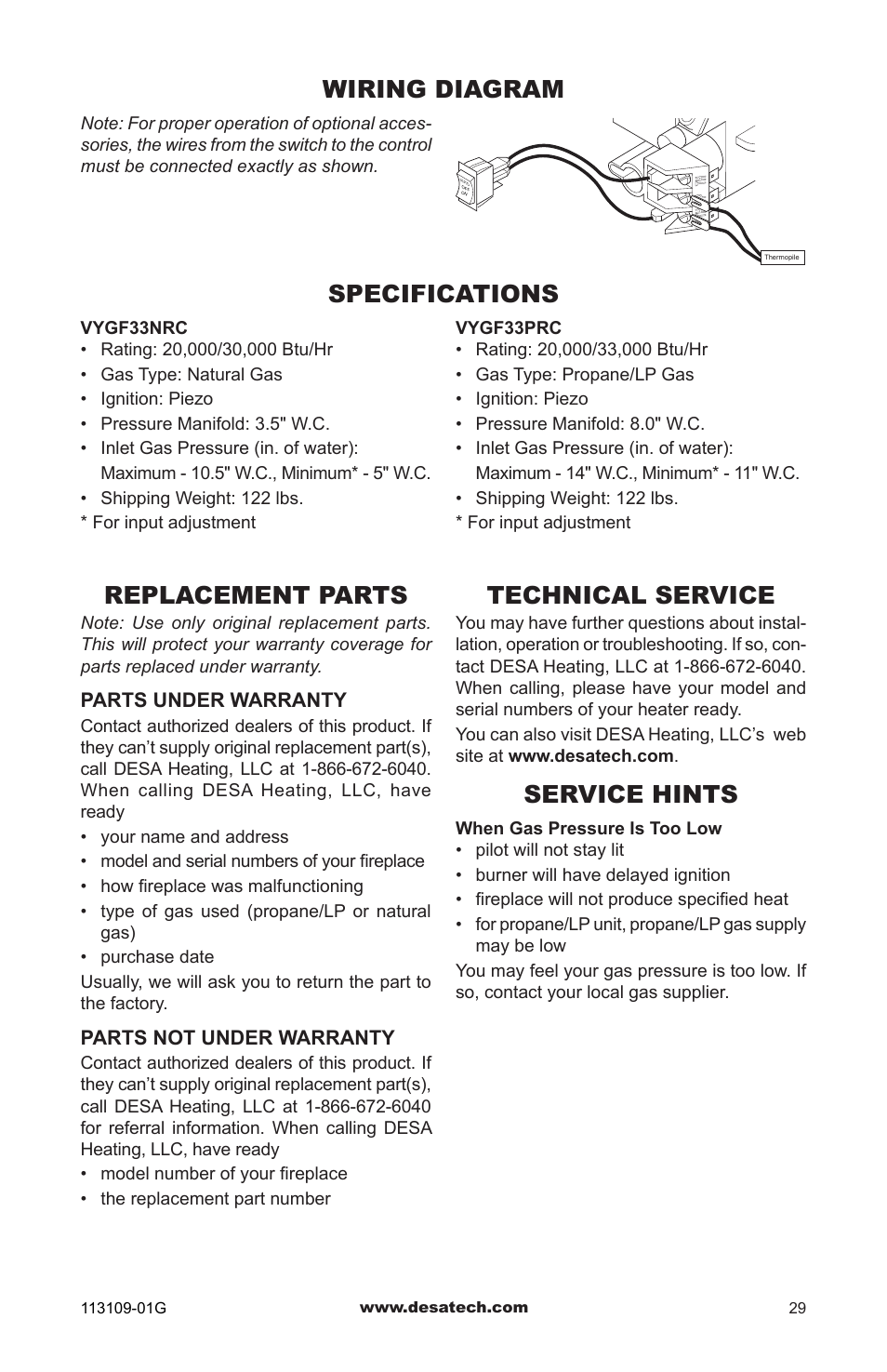 Wiring diagram, Specifications, Replacement parts | Technical service, Service hints | Desa GA3700 User Manual | Page 29 / 36