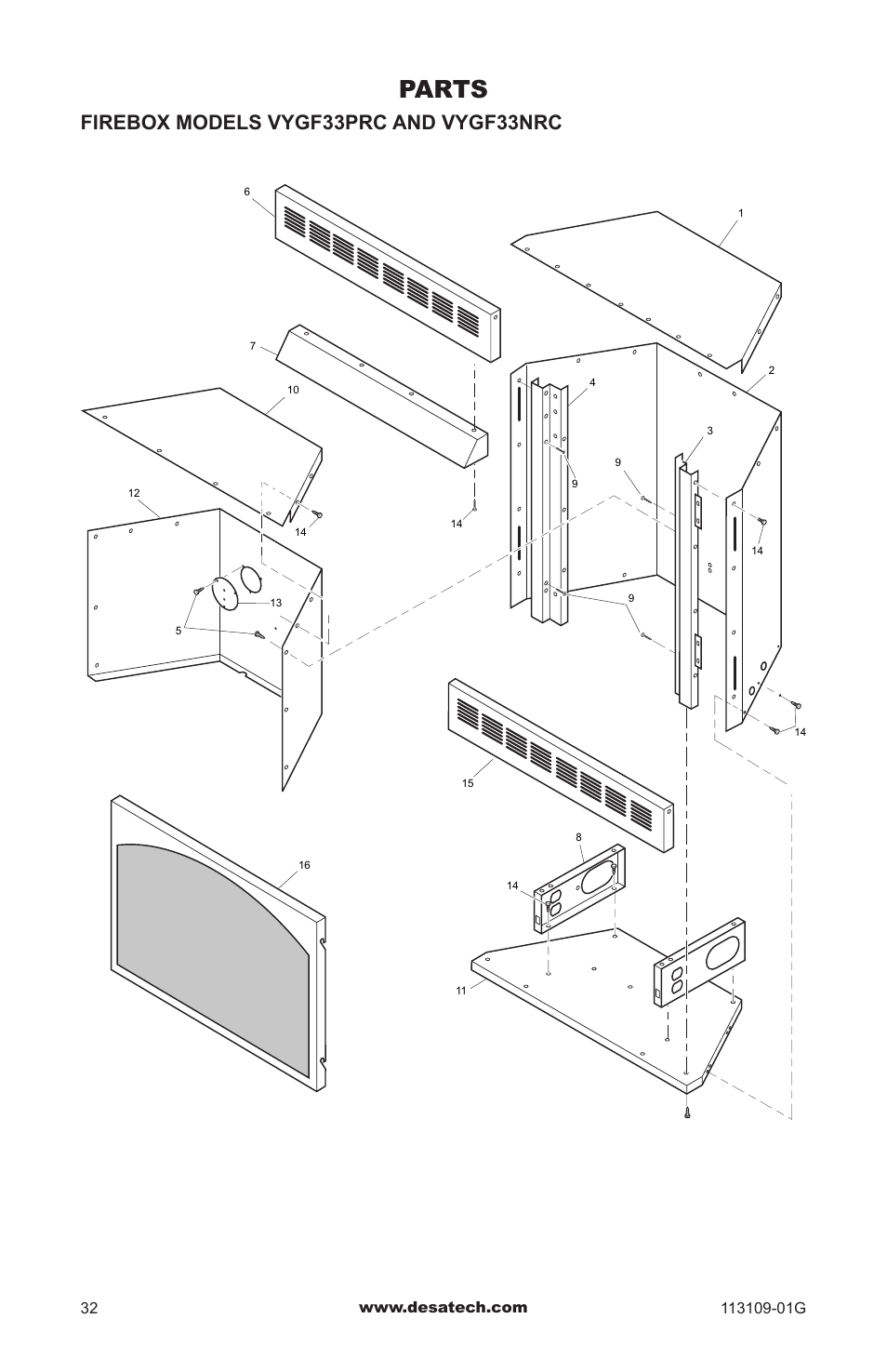 Parts, Firebox models vygf33prc and vygf33nrc | Desa GA3700 User Manual | Page 32 / 36
