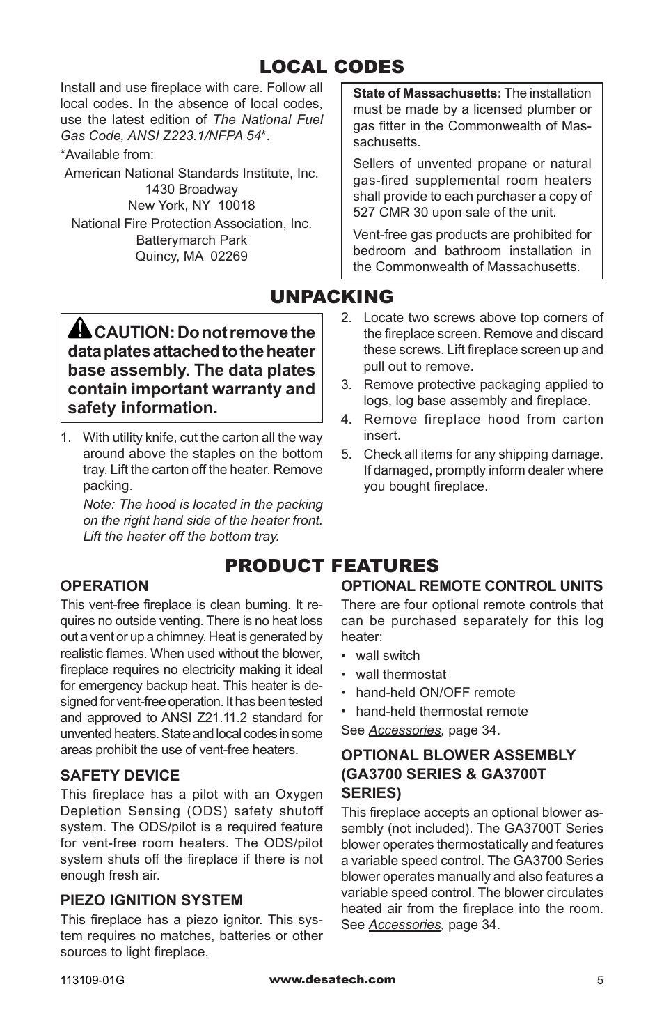 Local codes, Unpacking, Product features | Desa GA3700 User Manual | Page 5 / 36