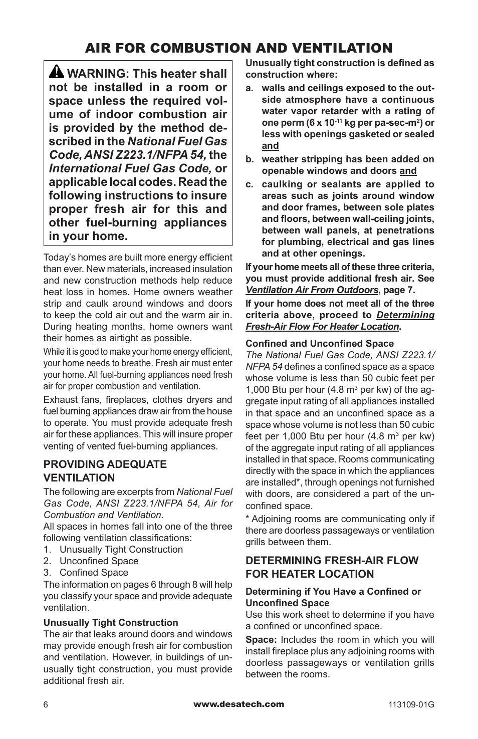 Air for combustion and ventilation | Desa GA3700 User Manual | Page 6 / 36