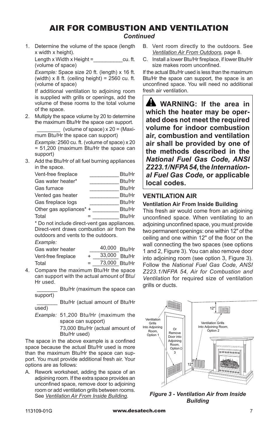 Air for combustion and ventilation | Desa GA3700 User Manual | Page 7 / 36
