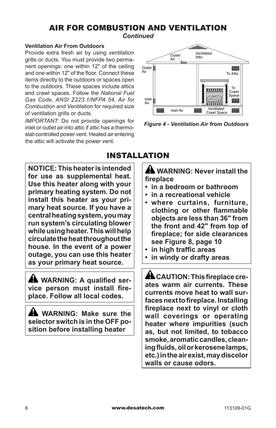 Installation, Air for combustion and ventilation | Desa GA3700 User Manual | Page 8 / 36