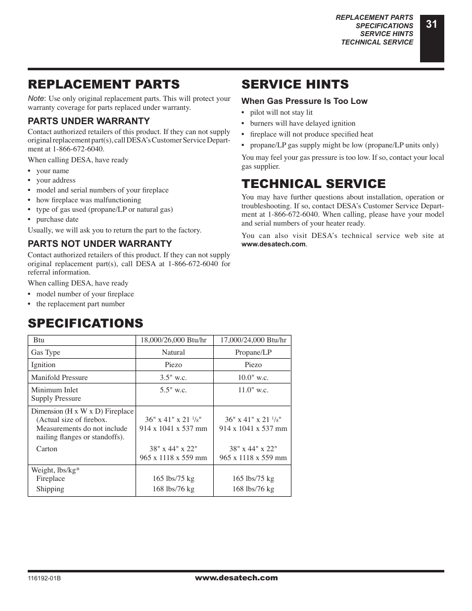 Replacement parts, Specifications, Service hints | Technical service, Specifications service hints | Desa (V)TC36N SERIES User Manual | Page 31 / 40