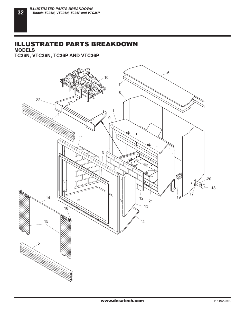 Illustrated parts breakdown and parts list, Illustrated parts breakdown | Desa (V)TC36N SERIES User Manual | Page 32 / 40