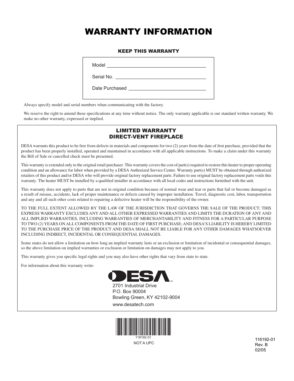Warranty information | Desa (V)TC36N SERIES User Manual | Page 40 / 40