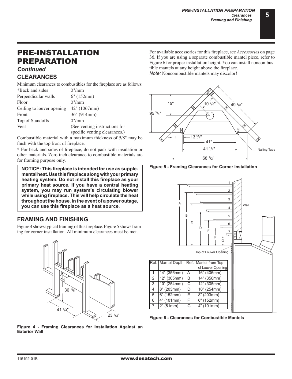 Pre-installation preparation, Clearances, Framing and finishing | Continued | Desa (V)TC36N SERIES User Manual | Page 5 / 40