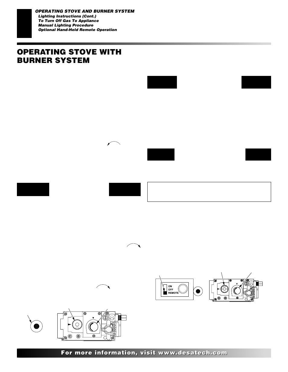 Operating stove with burner system, Continued, Optional hand-held remote operation | Manual lighting procedure, Shutting off burners only (pilot stays lit) | Desa CSDPBN User Manual | Page 26 / 42