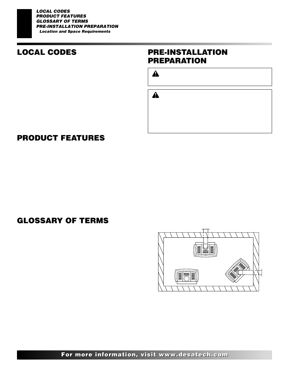 Pre-installation preparation, Local codes, Product features | Glossary of terms | Desa CSDPBN User Manual | Page 4 / 42