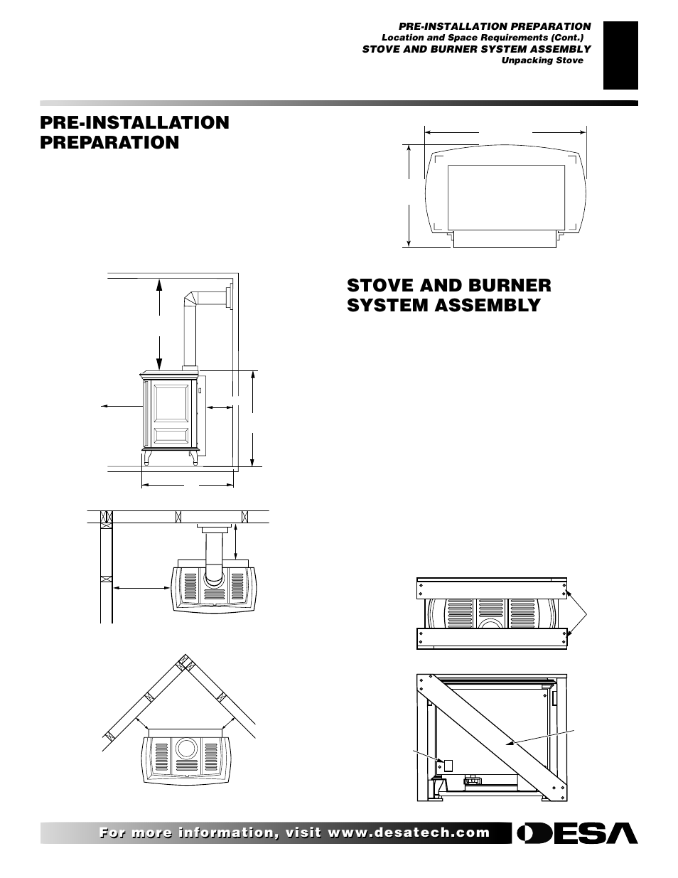 Pre-installation preparation, Stove and burner system assembly, Continued | Unpacking stove, Stove back stove top | Desa CSDPBN User Manual | Page 5 / 42