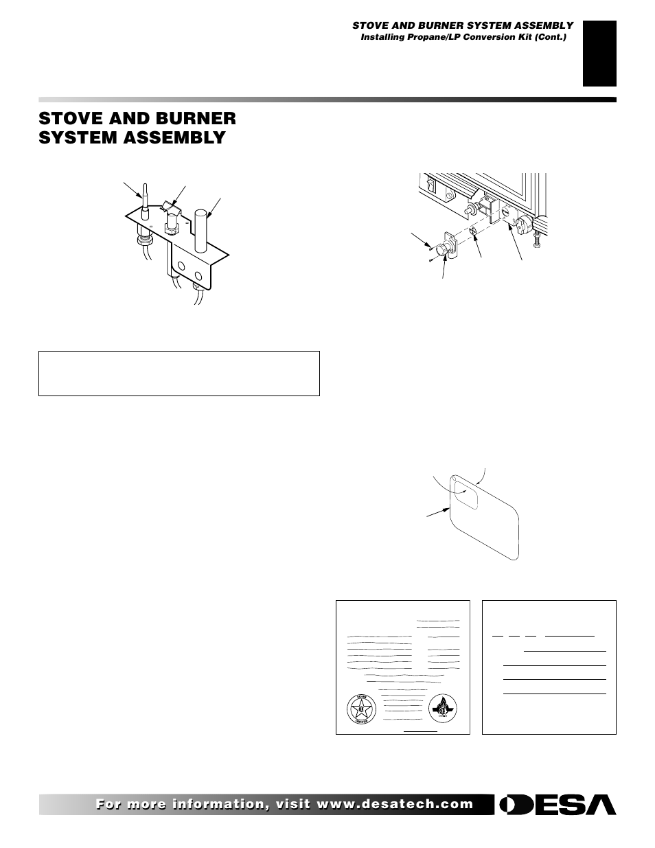 Stove and burner system assembly, Continued, Gas control valve conversion | Conversion labeling and placement | Desa CSDPBN User Manual | Page 9 / 42