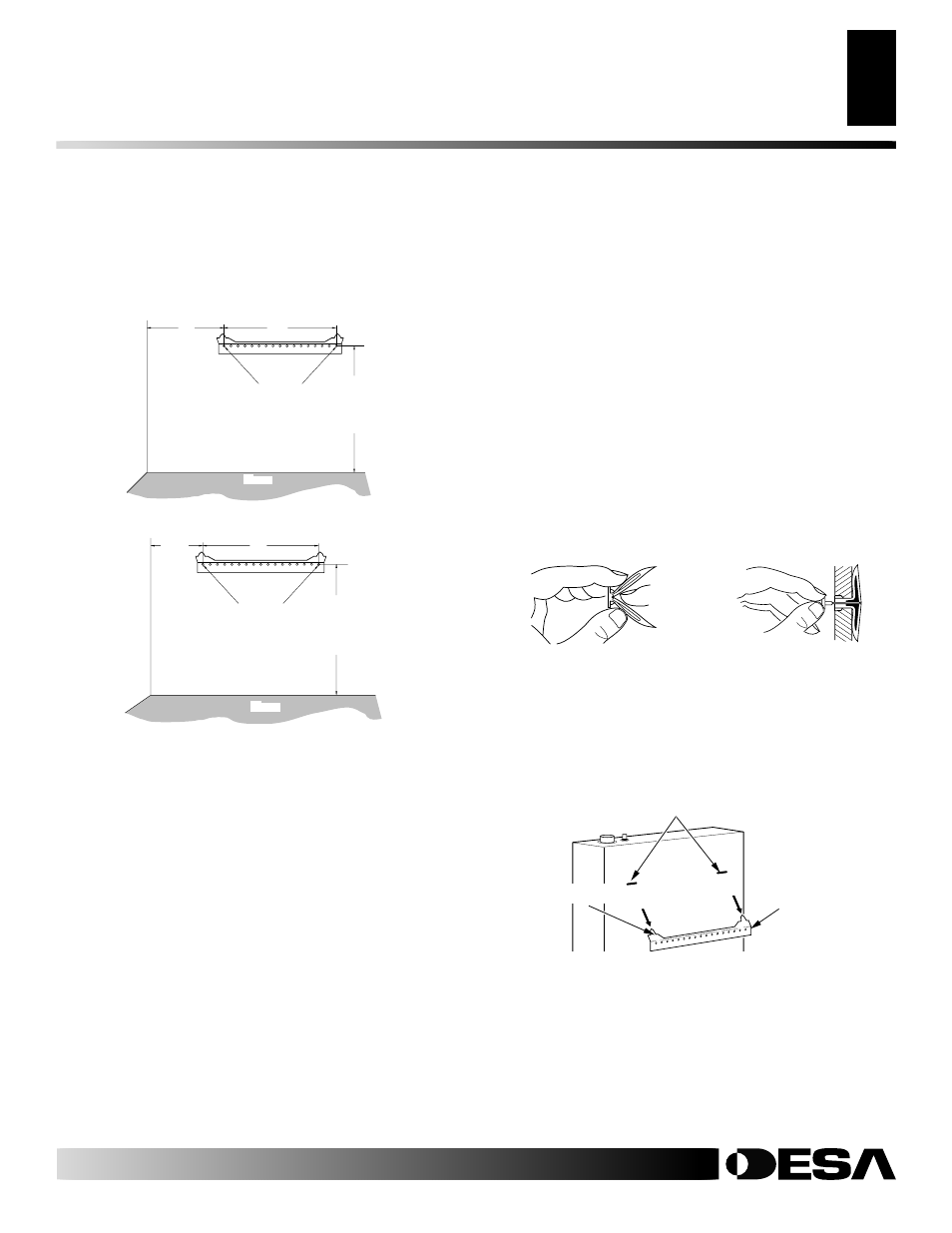 Installation, Continued, Attaching mounting bracket to wall | Placing heater on mounting bracket | Desa VP26T User Manual | Page 9 / 34