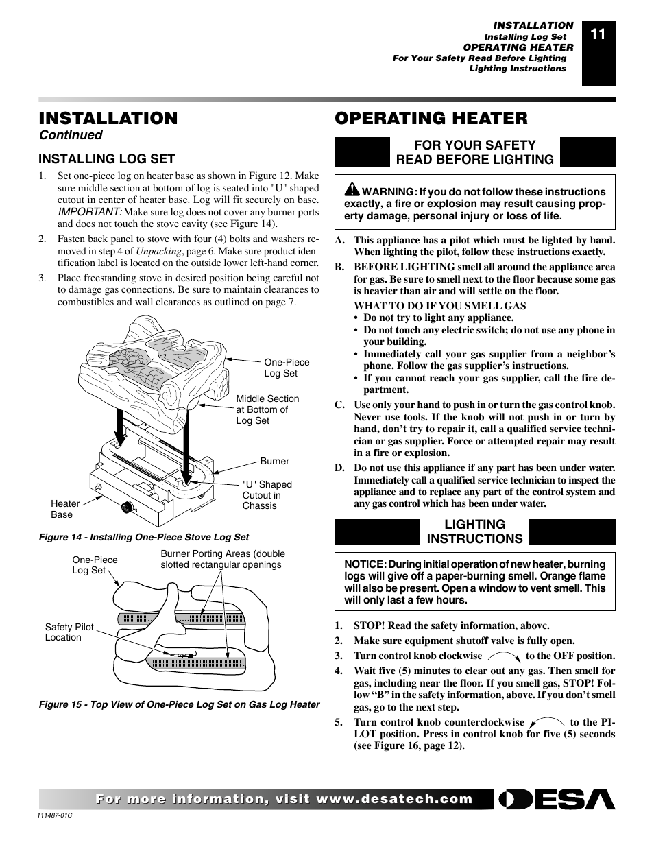 Operating heater, Installation, Continued | Desa CSPIPT User Manual | Page 11 / 26