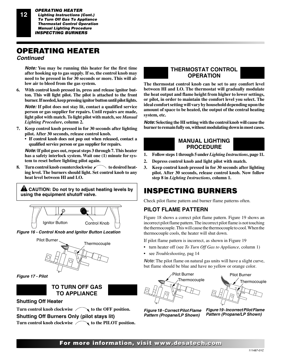Inspecting burners, Operating heater, Continued | Desa CSPIPT User Manual | Page 12 / 26