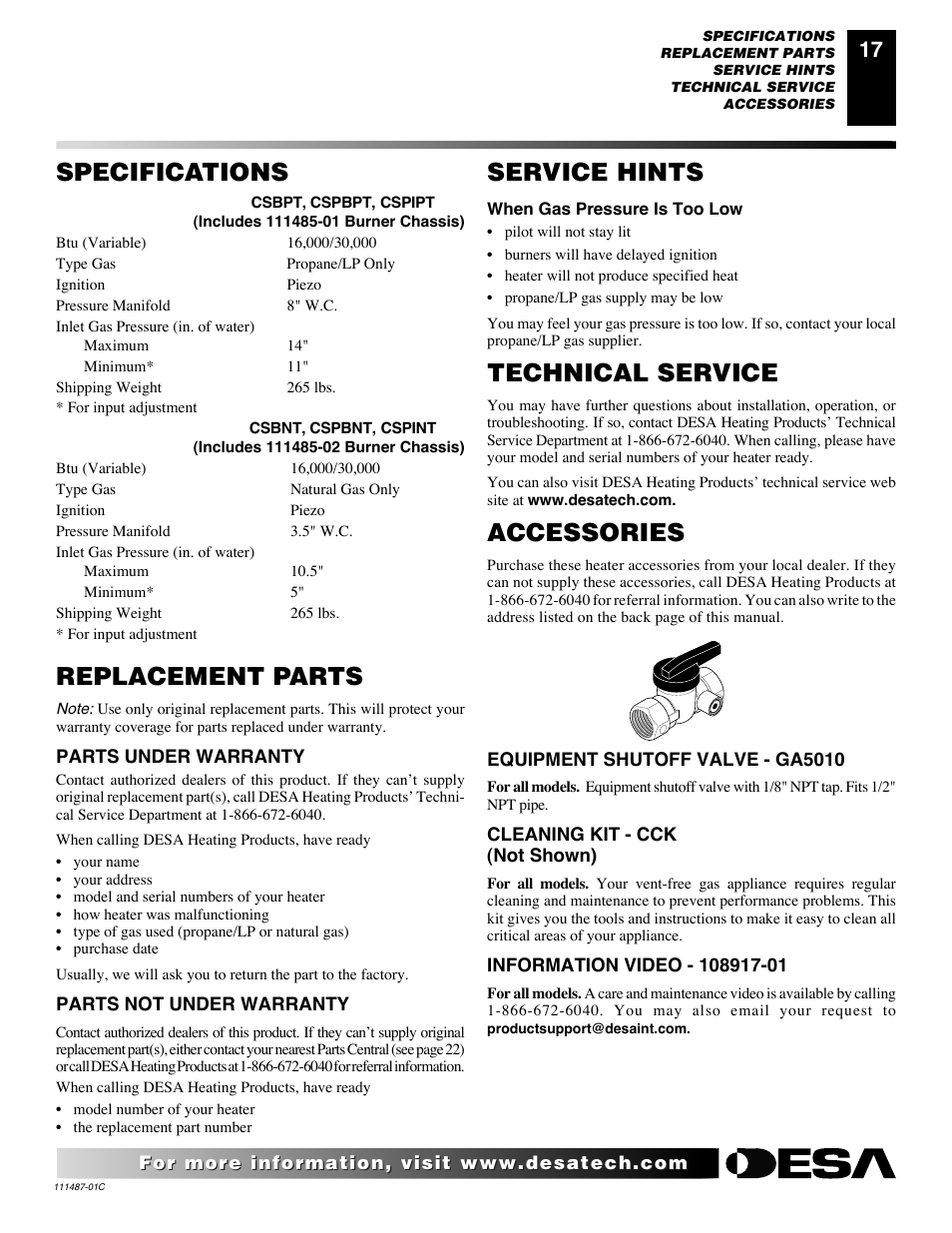 Service hints, Technical service, Accessories | Replacement parts, Specifications | Desa CSPIPT User Manual | Page 17 / 26