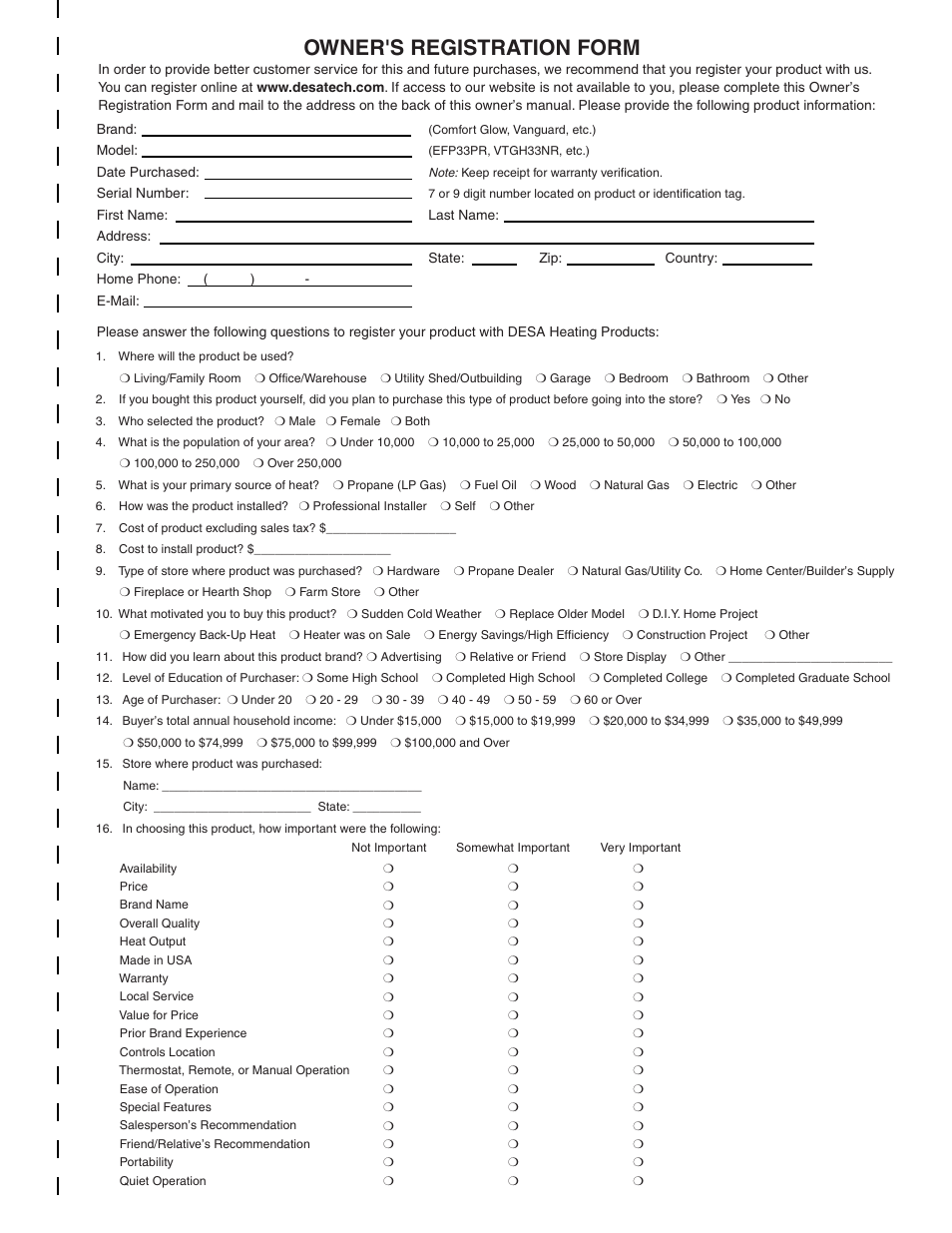 Owner's registration form | Desa CSPIPT User Manual | Page 23 / 26
