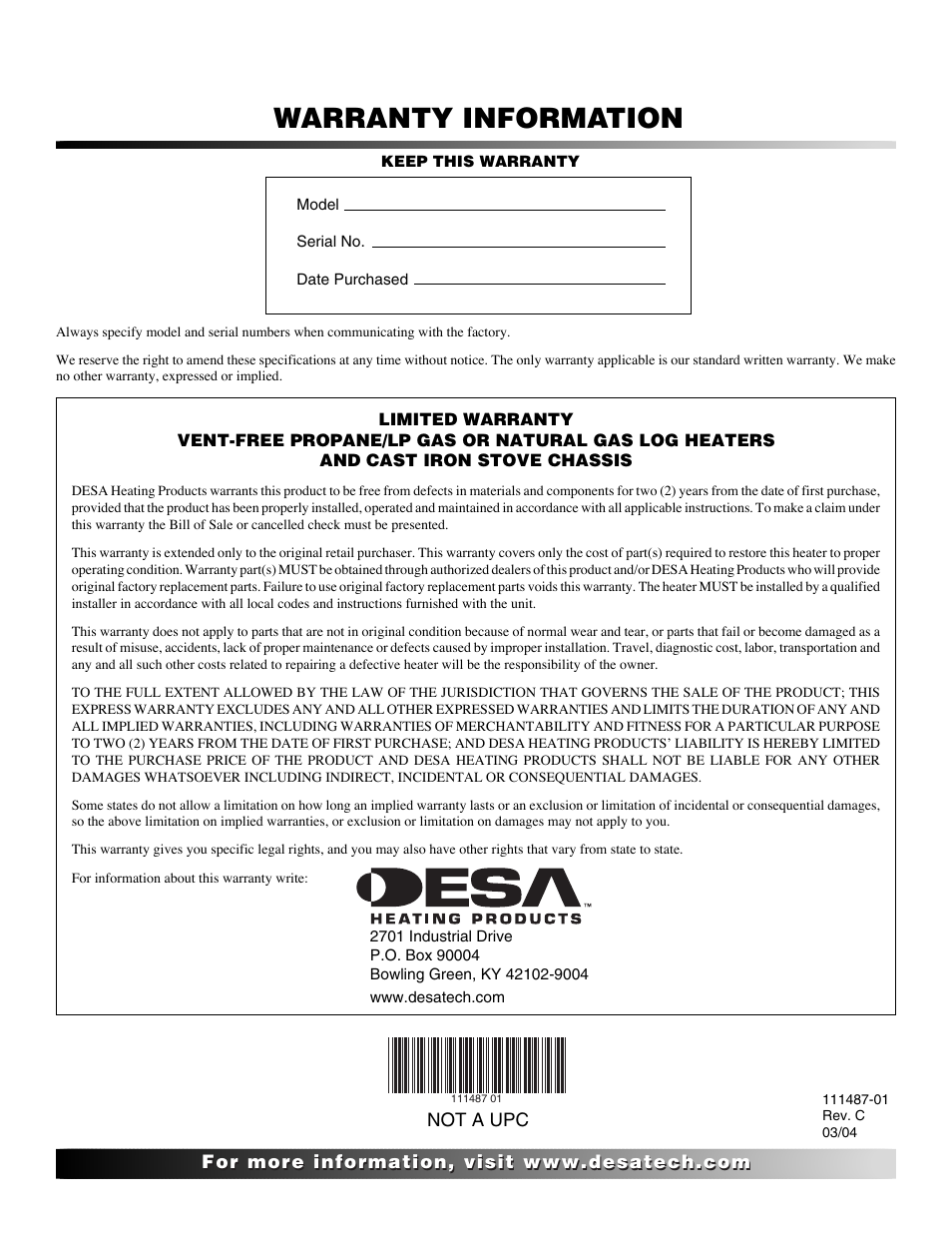 Warranty information | Desa CSPIPT User Manual | Page 26 / 26