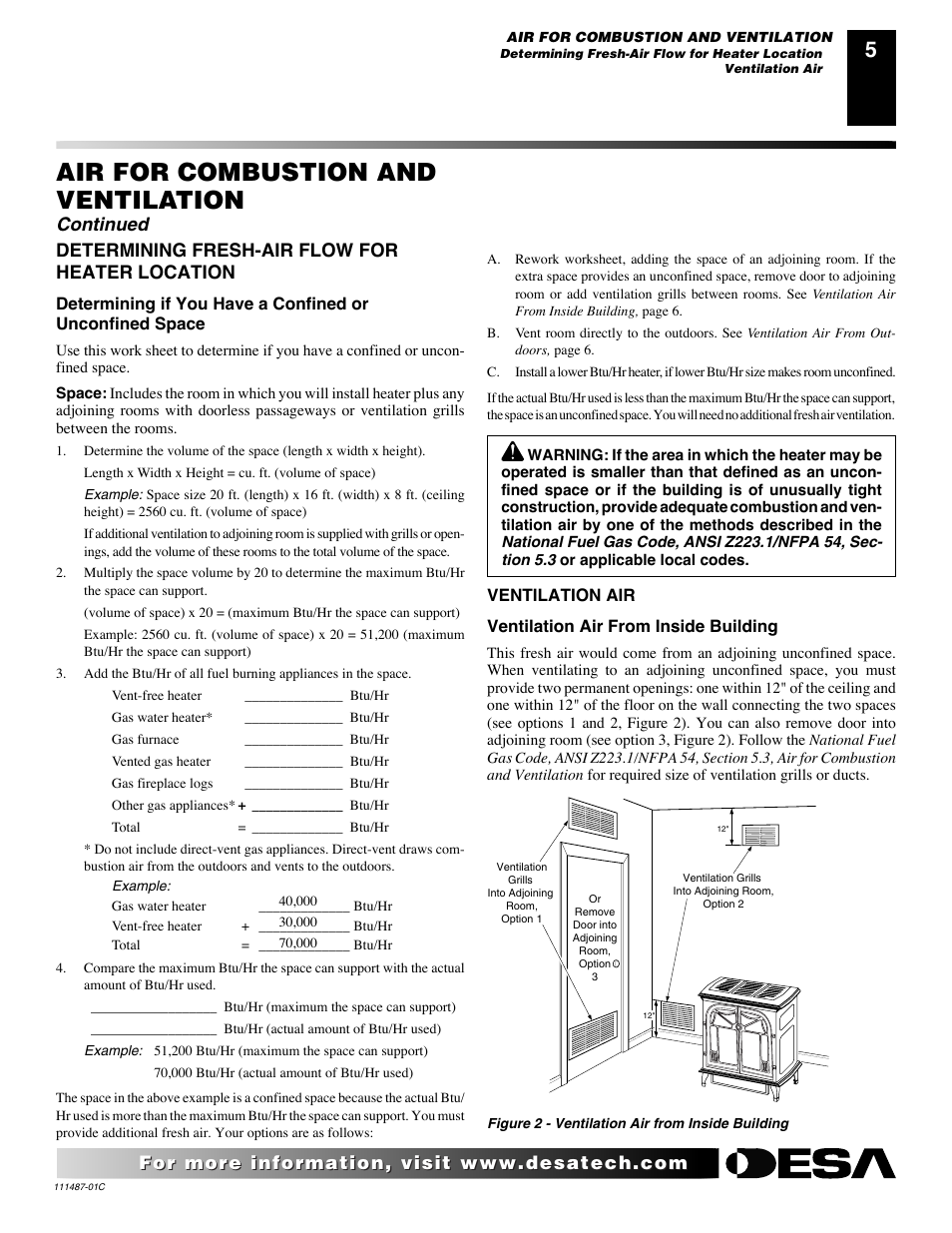 Air for combustion and ventilation, Continued, Determining fresh-air flow for heater location | Desa CSPIPT User Manual | Page 5 / 26