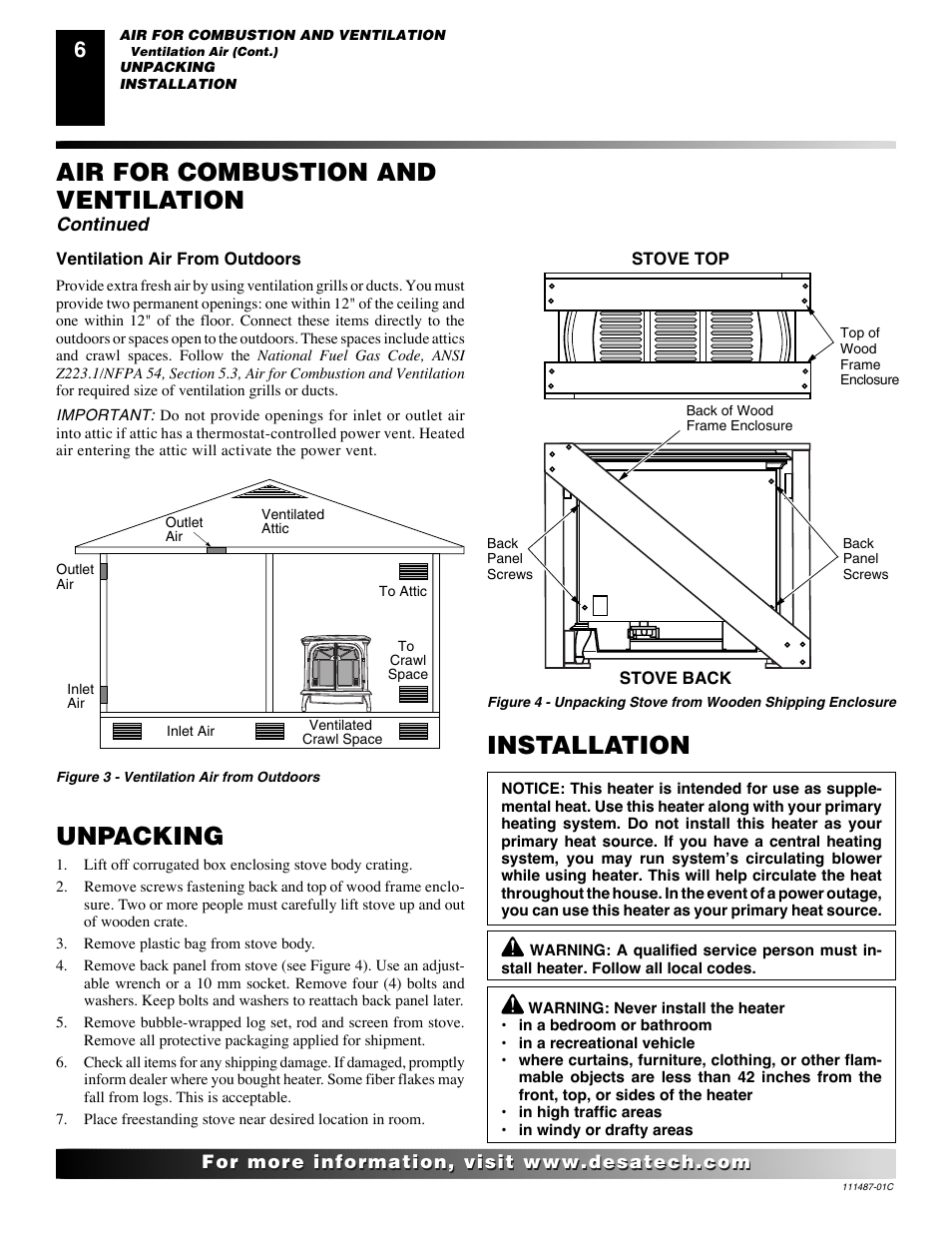 Installation air for combustion and ventilation, Unpacking, Continued | Desa CSPIPT User Manual | Page 6 / 26