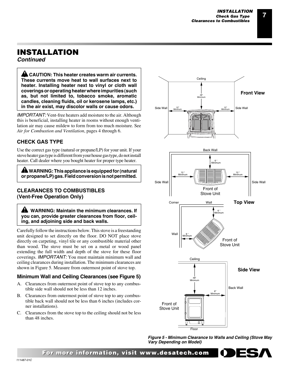 Installation, Continued, Check gas type | Minimum wall and ceiling clearances (see figure 5) | Desa CSPIPT User Manual | Page 7 / 26