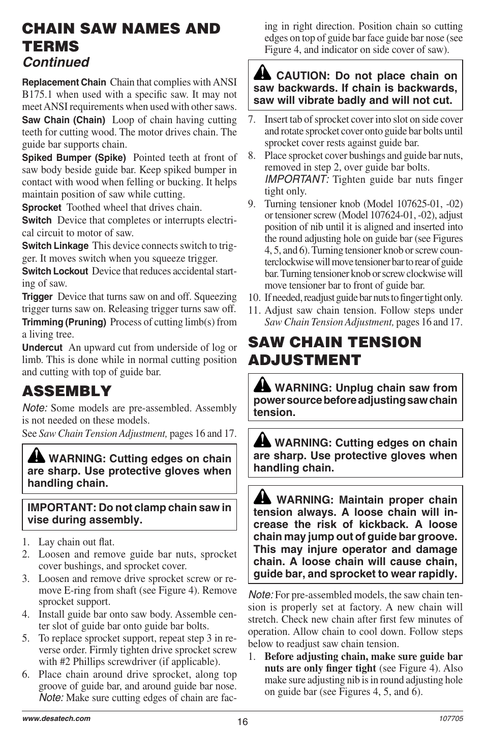 Assembly, Chain saw names and terms, Saw chain tension adjustment | Continued | Desa EL-8: 107624-01 User Manual | Page 16 / 44