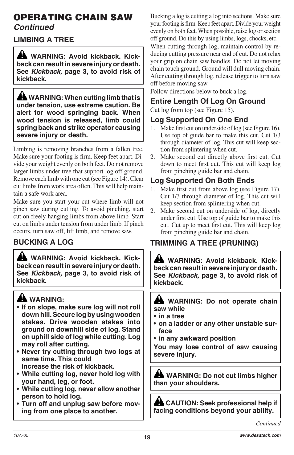 Operating chain saw, Continued | Desa EL-8: 107624-01 User Manual | Page 19 / 44