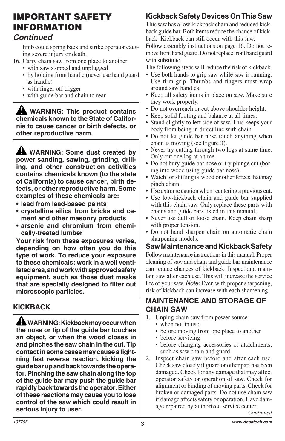Important safety information, Continued | Desa EL-8: 107624-01 User Manual | Page 3 / 44