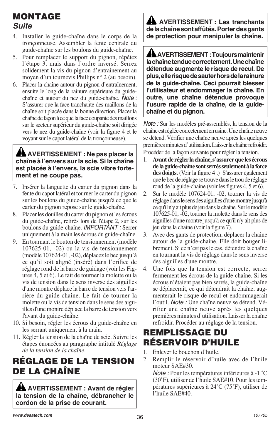Réglage de la tension de la chaîne, Remplissage du réservoir d’huile, Montage | Suite | Desa EL-8: 107624-01 User Manual | Page 36 / 44