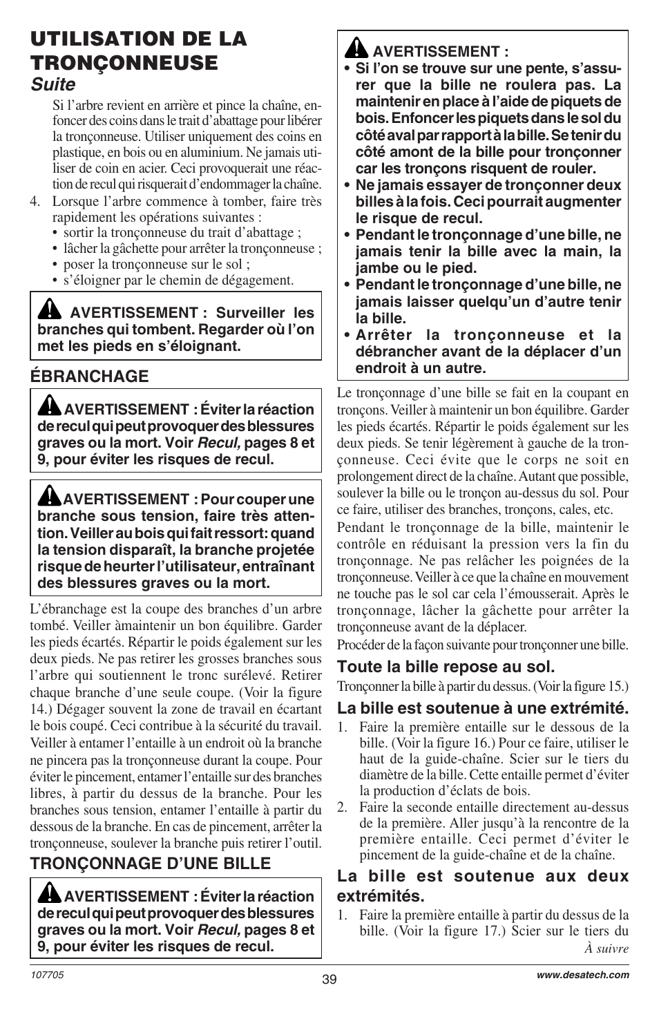 Utilisation de la tronçonneuse, Suite | Desa EL-8: 107624-01 User Manual | Page 39 / 44