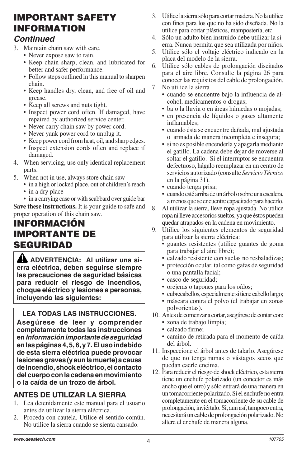 Información importante de seguridad, Important safety information, Continued | Desa EL-8: 107624-01 User Manual | Page 4 / 44