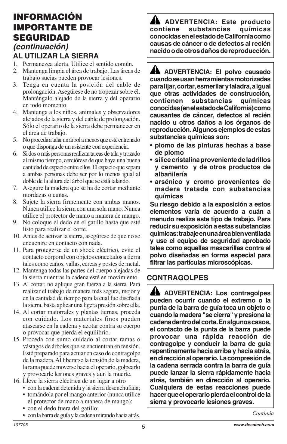 Información importante de seguridad, Continuación) | Desa EL-8: 107624-01 User Manual | Page 5 / 44