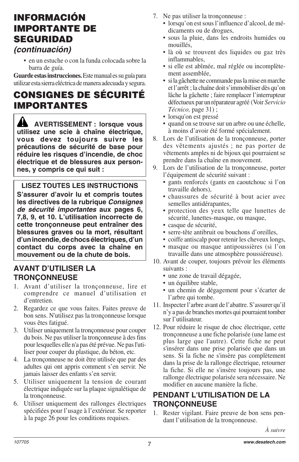 Consignes de sécurité importantes, Información importante de seguridad, Continuación) | Desa EL-8: 107624-01 User Manual | Page 7 / 44