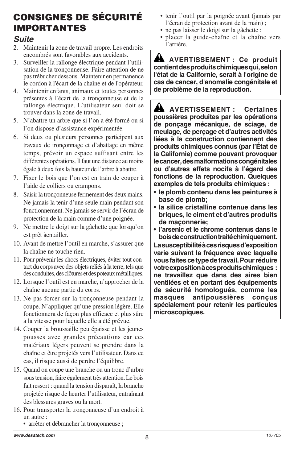 Consignes de sécurité importantes, Suite | Desa EL-8: 107624-01 User Manual | Page 8 / 44
