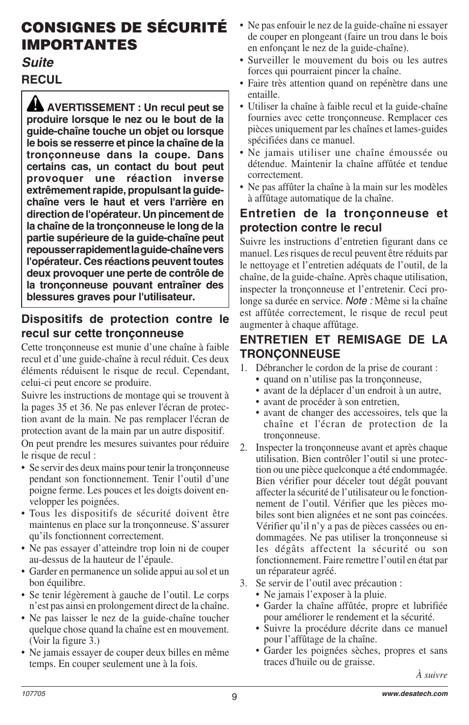 Consignes de sécurité importantes, Suite | Desa EL-8: 107624-01 User Manual | Page 9 / 44