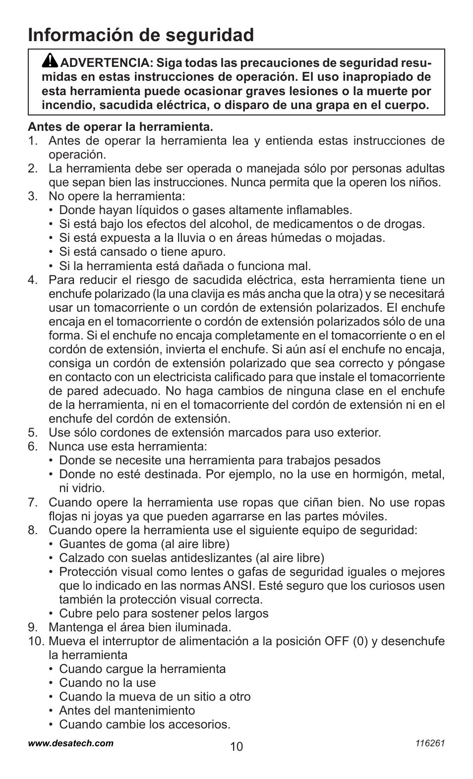 Información de seguridad | Desa PEBNS11/4-B User Manual | Page 10 / 24